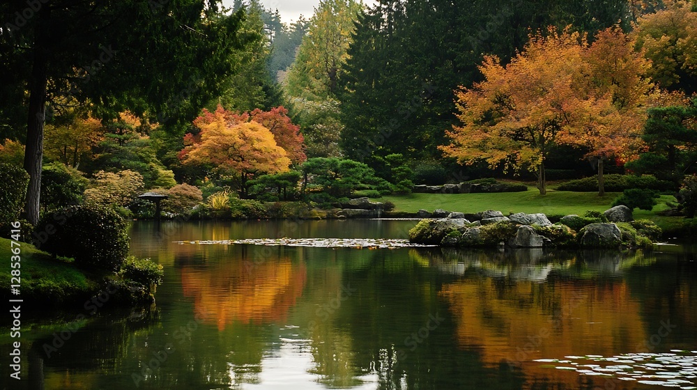 Poster vibrant autumn landscape reflecting on serene lake surrounded by colorful foliage and trees : genera