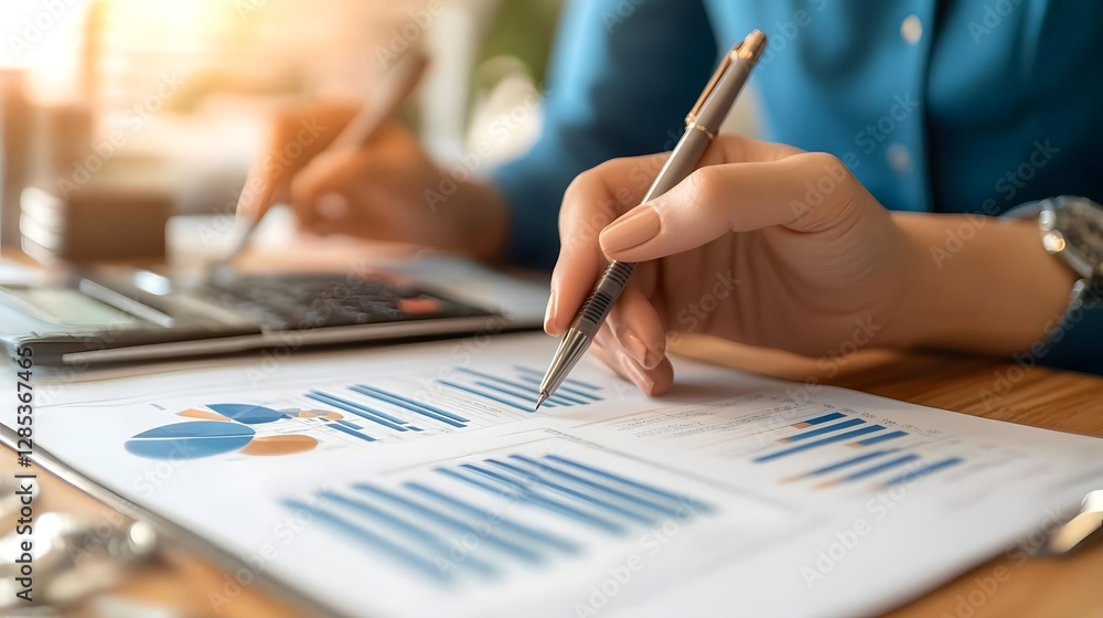 Aufkleber business professional analyzing financial data with charts and graphs in a modern office setting