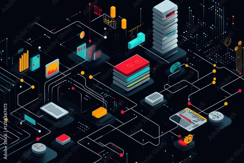 Poster data processing and visual representation on a black background with diagrams and server icons, data