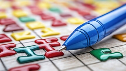 Close up of a blue pen resting on a crossword puzzle grid filled with colorful letter tiles. The focus is sharp on the pen and surrounding tiles