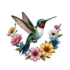 Obraz premium Hummingbird's Floral Embrace: A vibrantly illustrated hummingbird in mid-flight, adorned with colorful flowers, celebrating the beauty of nature and the delicate dance of life. 