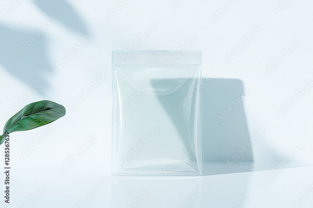 Poster conceptual mockup of transparent zip-lock bag placed neatly on white surface with soft shadows