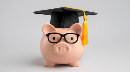 Piggy bank wearing graduation cap and glasses symbolizes education savings
