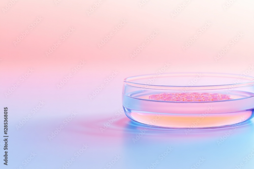 Poster high-resolution close-up of petri dish containing bioengineered stem cells softly illuminated with f