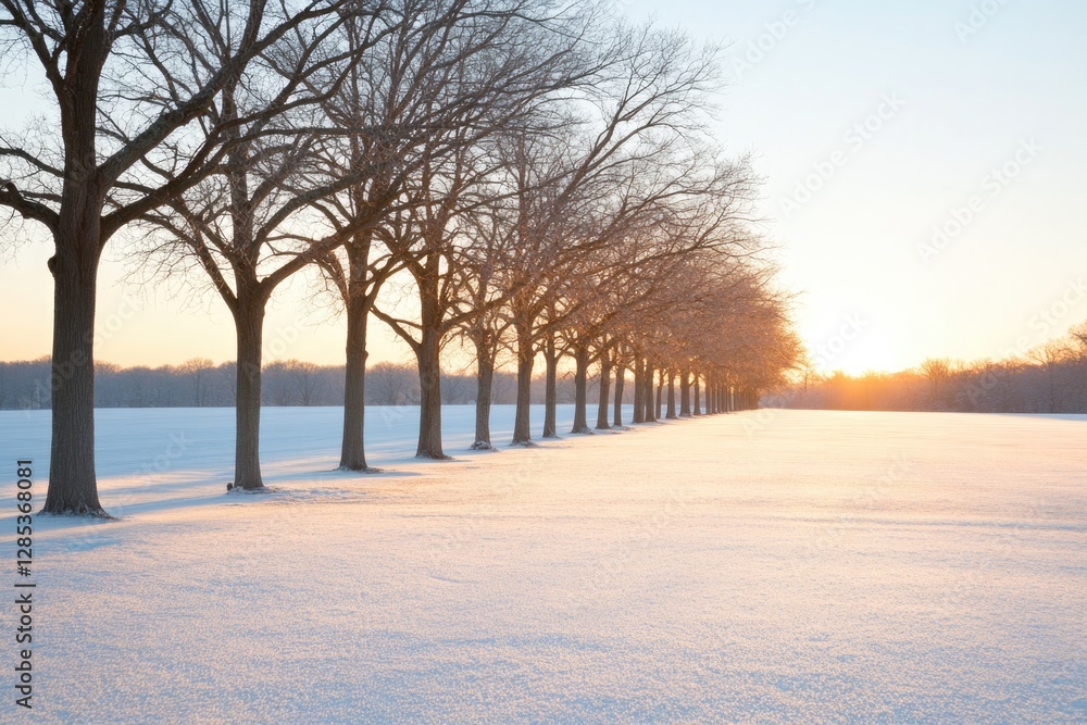 Poster line of bare trees casts long shadows on frost-covered ground golden hour light adding warmth to sce