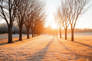 line of bare trees casts long shadows on frost-covered ground golden hour light adding warmth to scene