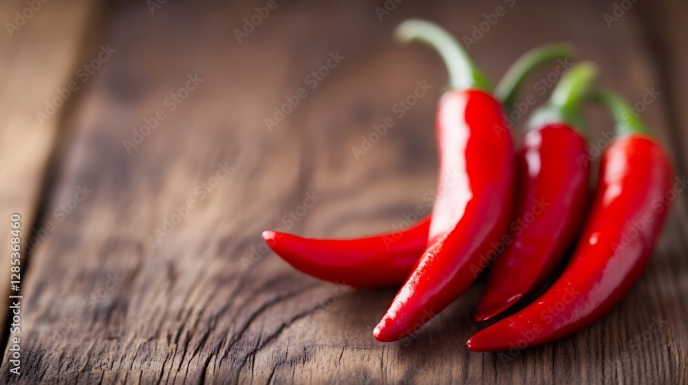 Aufkleber fresh red chili peppers on rustic wooden background with natural light for culinary use : generative