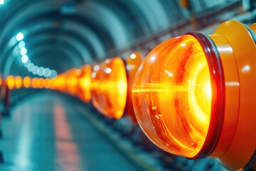 Obraz premium panoramic view of large hadron collider intricate tunnel with glowing energy beams and vast expanse