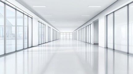 Modern, spacious office corridor with large windows and natural light illuminating the space