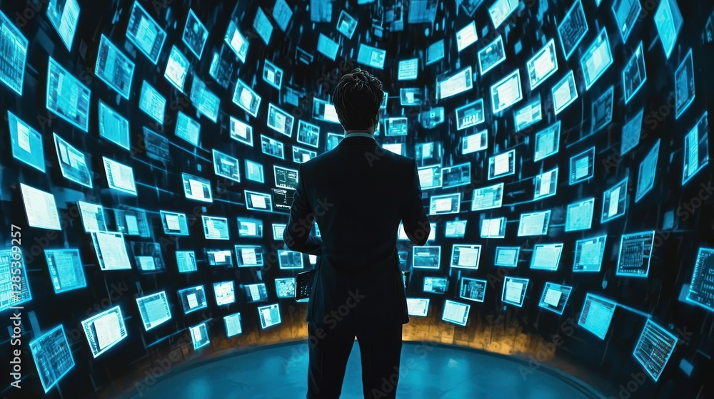 Aufkleber surrounded by data: a man navigating a digital universe