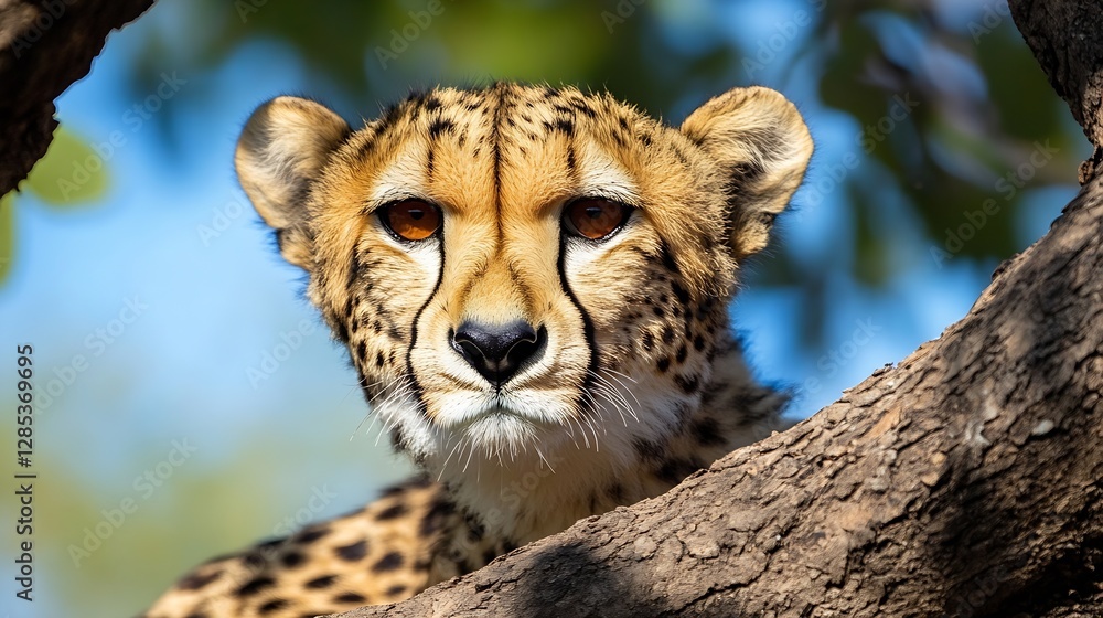 Poster close up portrait of a majestic cheetah relaxing in a tree in natural habitat : generative ai