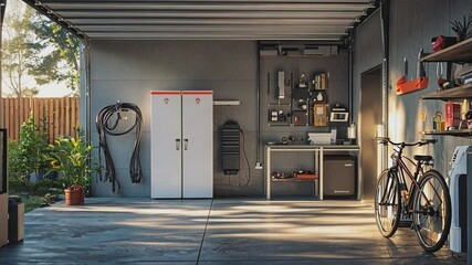 Garage interior with bicycle: Modern garage interior, with a bicycle, tool rack and other equipment. Shows a clean and organized storage space.