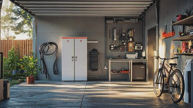 Garage interior with bicycle: Modern garage interior, with a bicycle, tool rack and other equipment. Shows a clean and organized storage space.