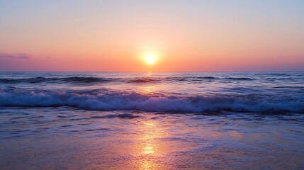 Fototapeta premium Stunning Sunrise Over Ocean Waves Creating a Peaceful Seascape Horizon : Generative AI