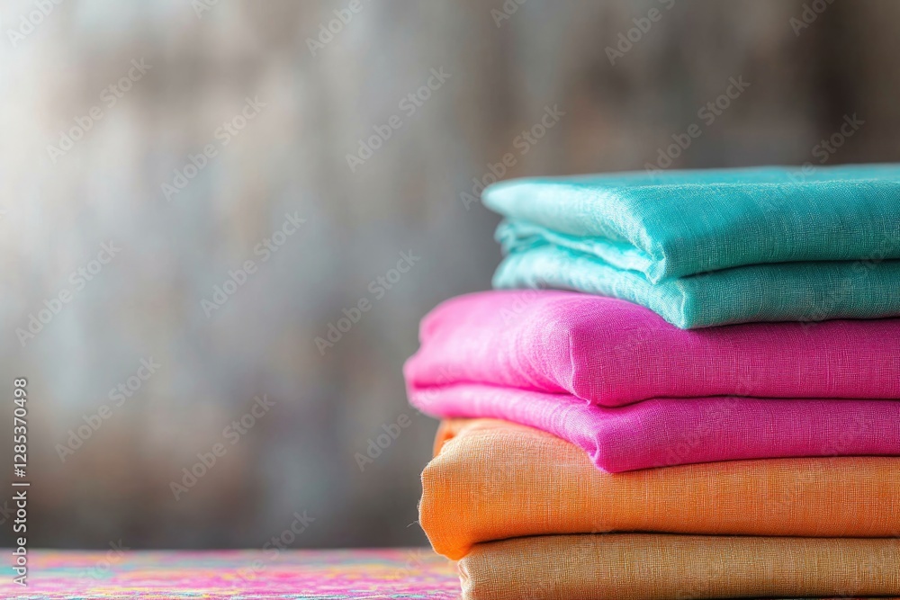 Poster vibrant photo of tablecloths and linens folded and stacked neatly on table with colorful patterns an