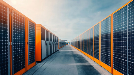 A large battery storage facility with solar panels and wind turbines in the background symbolizes energy sustainability, efficiency, and the future of renewable power solutions