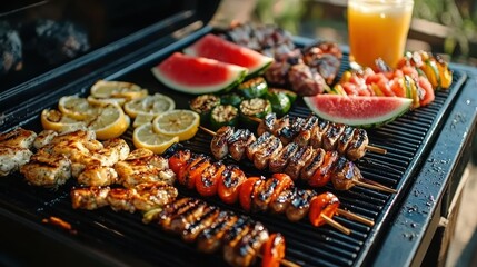 Naklejka premium Grilled skewers, chicken, and vegetables on BBQ grill, outdoor party