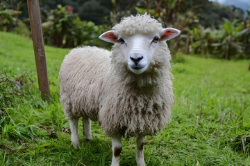 Fototapeta premium Fluffy sheep on the cool peak with thick and pure white fur roaming in the green fields of Cameron Highlands, enjoying the fresh air while nibbling on fresh grass