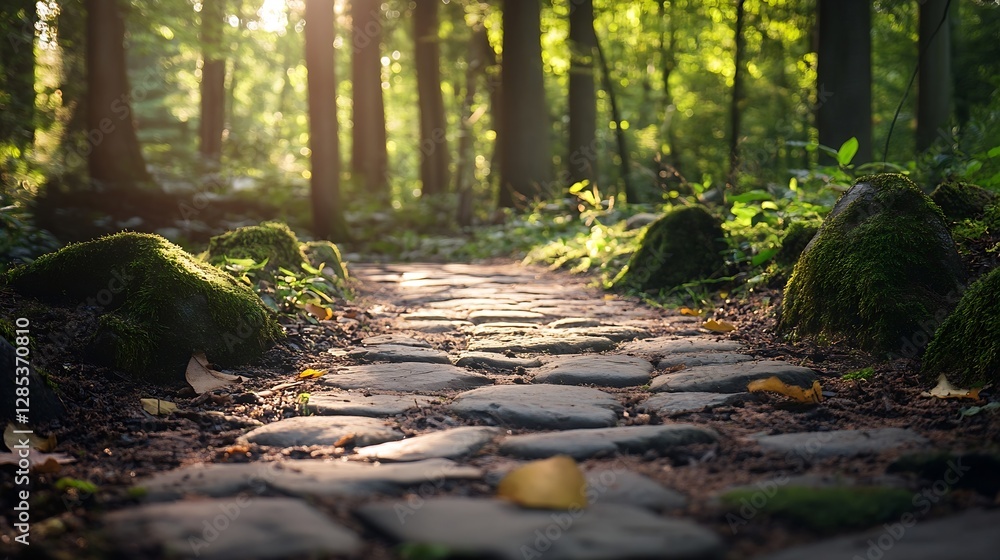 Leinwandbilder serene pathway through lush green forest with sunlight filtering through trees : generative ai
