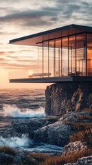 Fototapeta premium Modern Glass House Perched on a Rocky Cliff Overlooking the Ocean at Sunset With Waves Crashing Below and Soft Clouds in the Sky
