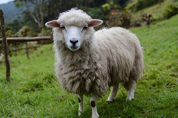 Fototapeta premium Fluffy sheep on the cool peak with thick and pure white fur roaming in the green fields of Cameron Highlands, enjoying the fresh air while nibbling on fresh grass