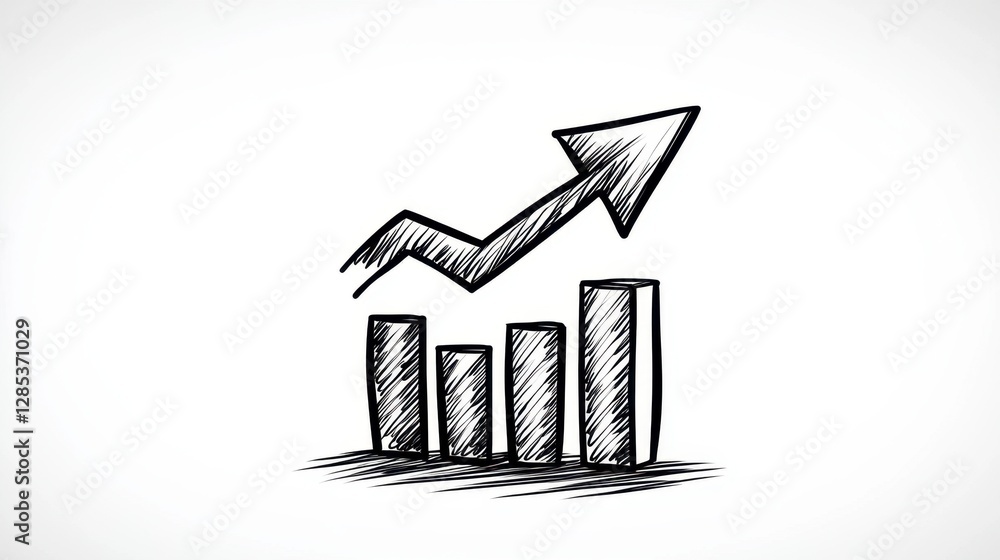 Poster illustration of a financial graph with ascending trend. the hand drawn chart has four vertical bars 