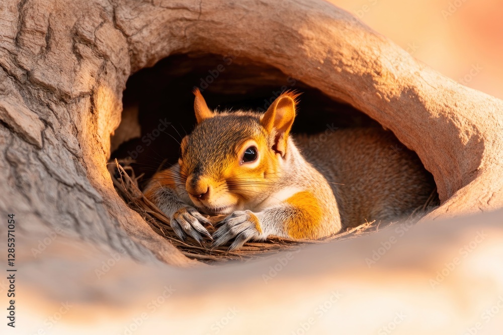 Poster aesthetic photo of squirrel resting in its nest inside hollow tree soft shadows and natural textures providing depth