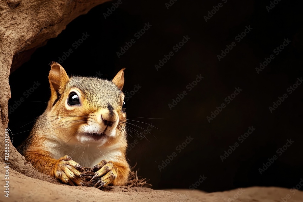 Poster aesthetic photo of squirrel resting in its nest inside hollow tree soft shadows and natural textures