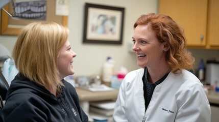 Fototapeta premium Happy dentist and patient smiling together in office care oral teeth woman white clean smile trust