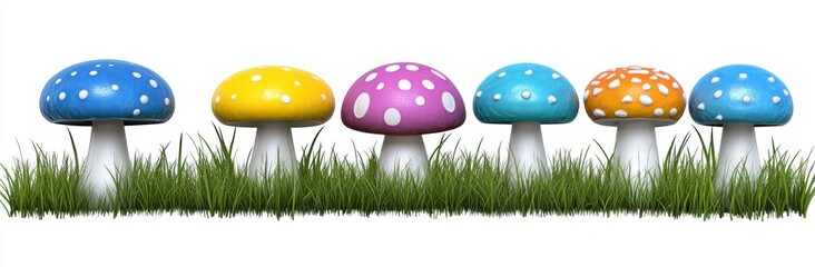 Five colorful mushrooms with white stems and spots stand in a row, emerging from a patch of vibrant green grass against a plain white background