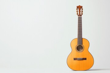 capture classic acoustic guitar against plain white background highlighting its shape and details