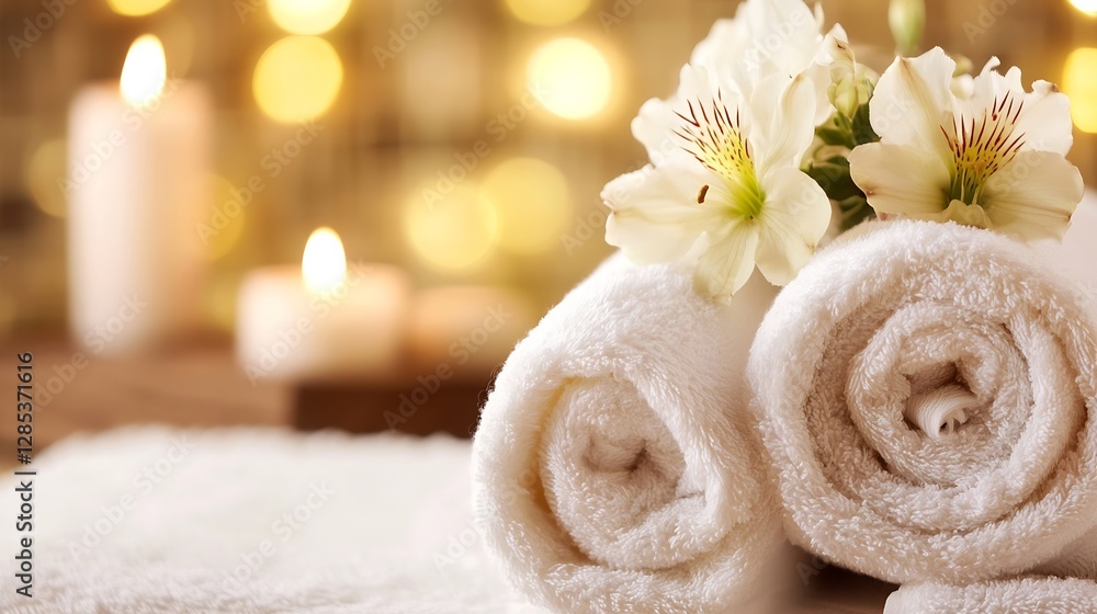 Aufkleber Spa Setting with Rolled Towels and Flowers on a Blurred Background : Generative AI
