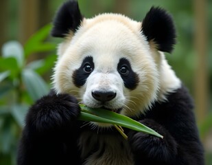 Fototapeta premium A panda bear with contrasting black and white fur sits under a lush bamboo tree, enjoying the fresh leaves, with the sun shining through the gaps in the leaves