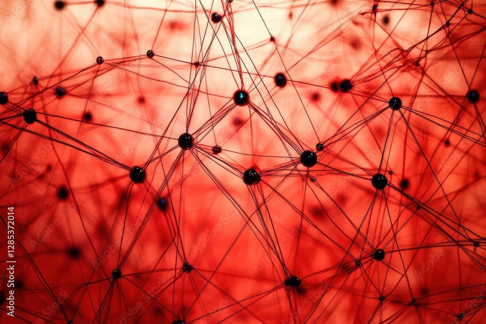 Leinwandbilder network of connections illustrating data processing over red spots in a dynamic visualization, netwo