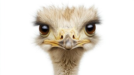 funny portrait of an ostrich looking straight into the camera, head and neck over a transparent background, isolated design element / cut-out,