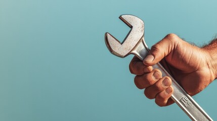 close-up of worker hand holding wrench symbolizing labor and solidarity on plain background