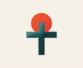 Geometric teal cross with red circle on white