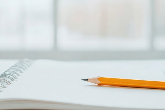close-up of open notebook with pencil lying across blank pages inviting thoughts and ideas to be recorded