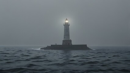 Fototapeta premium Lonely lighthouse stands in thick ocean fog with soft light guiding distant lost ships 