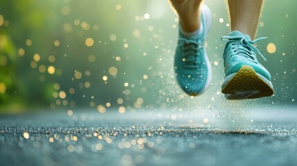 close-up photo of athletic shoes hitting pavement on morning run surrounded by nature greenery