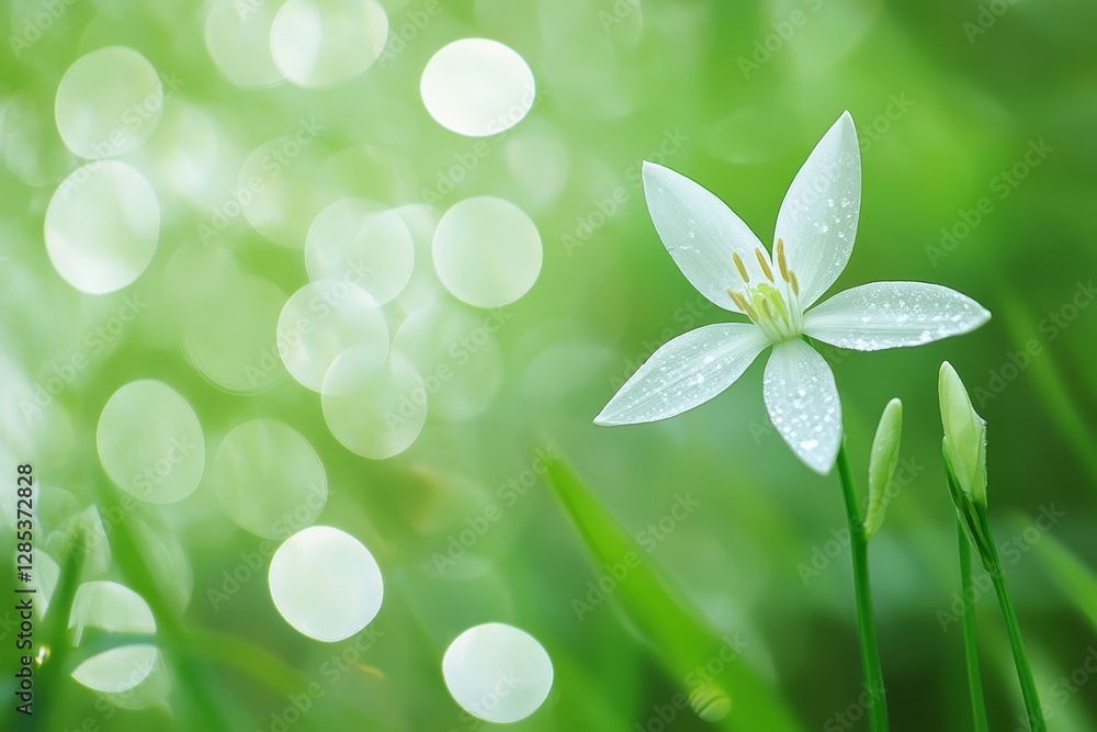 Poster delicate white flower with droplets against a vibrant green background with soft bokeh effect, hd ab