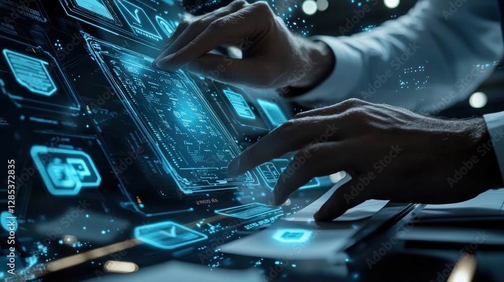 Poster futuristic tech interface: hands interacting with holographic display
