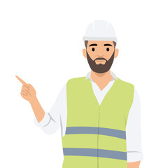 Construction worker wearing hard hat and a reflective safety vest, pointing and giving instructions. Flat vector illustration isolated on white background