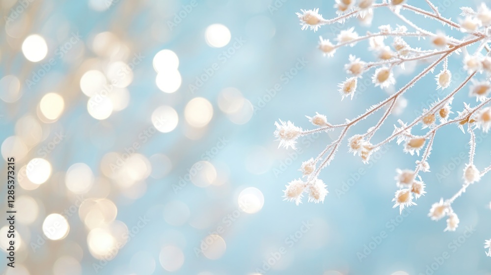 Aufkleber frozen branches of tree sparkle with frost against softly blurred sky creating tranquil and spacious
