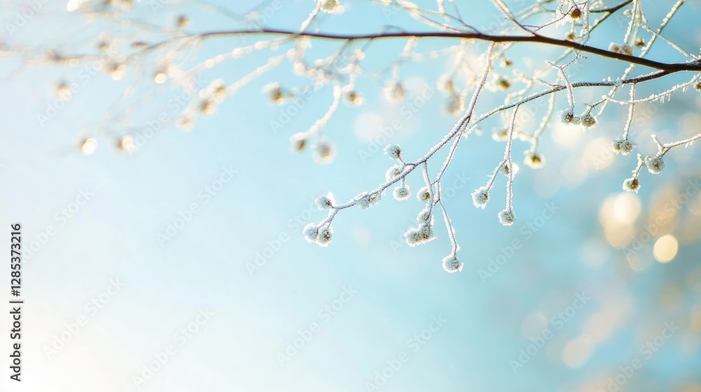 Poster frozen branches of tree sparkle with frost against softly blurred sky creating tranquil and spacious
