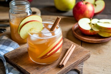 Apple cider cocktail with cinnamon and apple slices