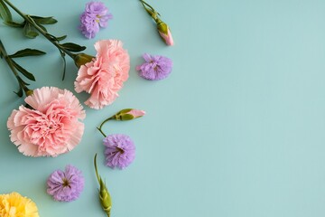 Obraz premium Beautiful pink and yellow carnation and purple Eustoma flowers on pastel blue background