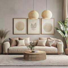 Cozy Modern Living Room Featuring Natural Elements and Minimalist Decor in a Bright, Airy Setting With Woven Light Fixtures