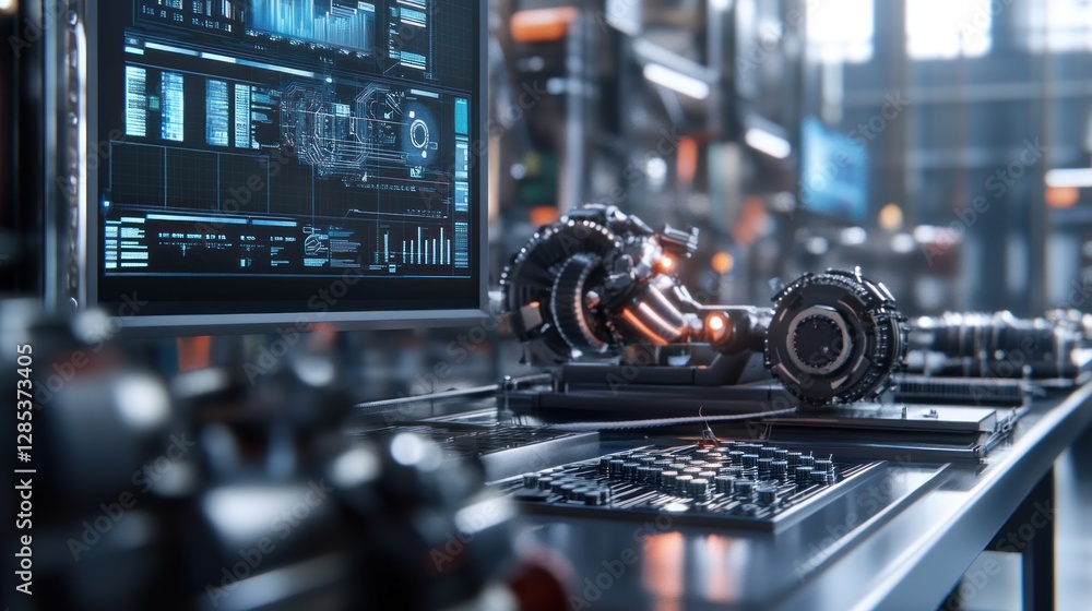 Poster futuristic engineering: advanced engine diagnostics on high-tech workstation