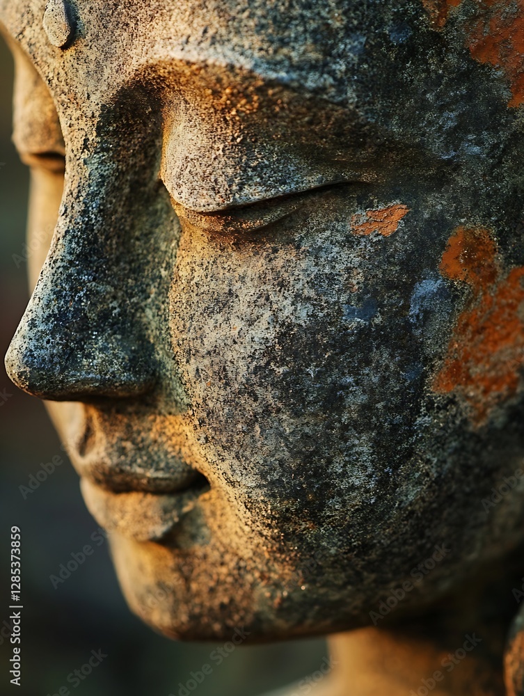 Poster artistic close up of a tranquil buddha statue surrounded by natural light : generative ai